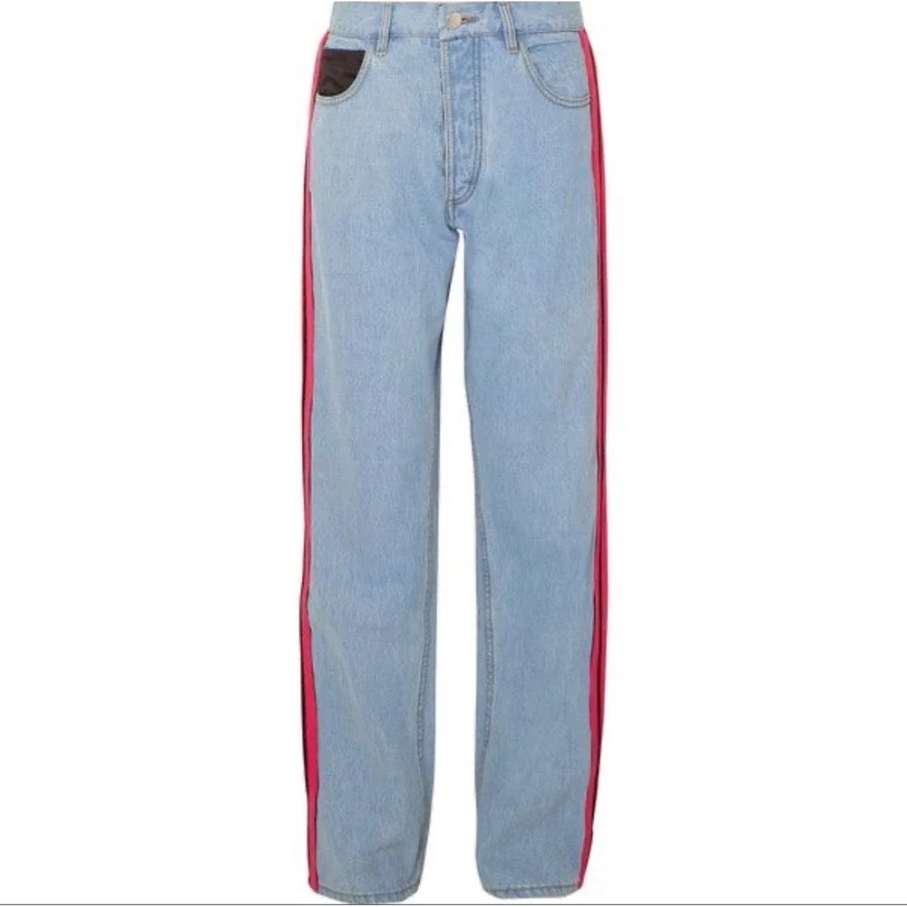 Koche Women Light Wash Designer Paris Jeans Pink Stripe Black Satin $465 MSRP 26